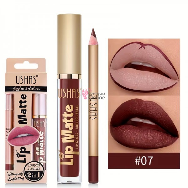 Gloss pentru buze USHAS Gloss Matt 24H cu 1 Creion pentru contur - US07 Night Red